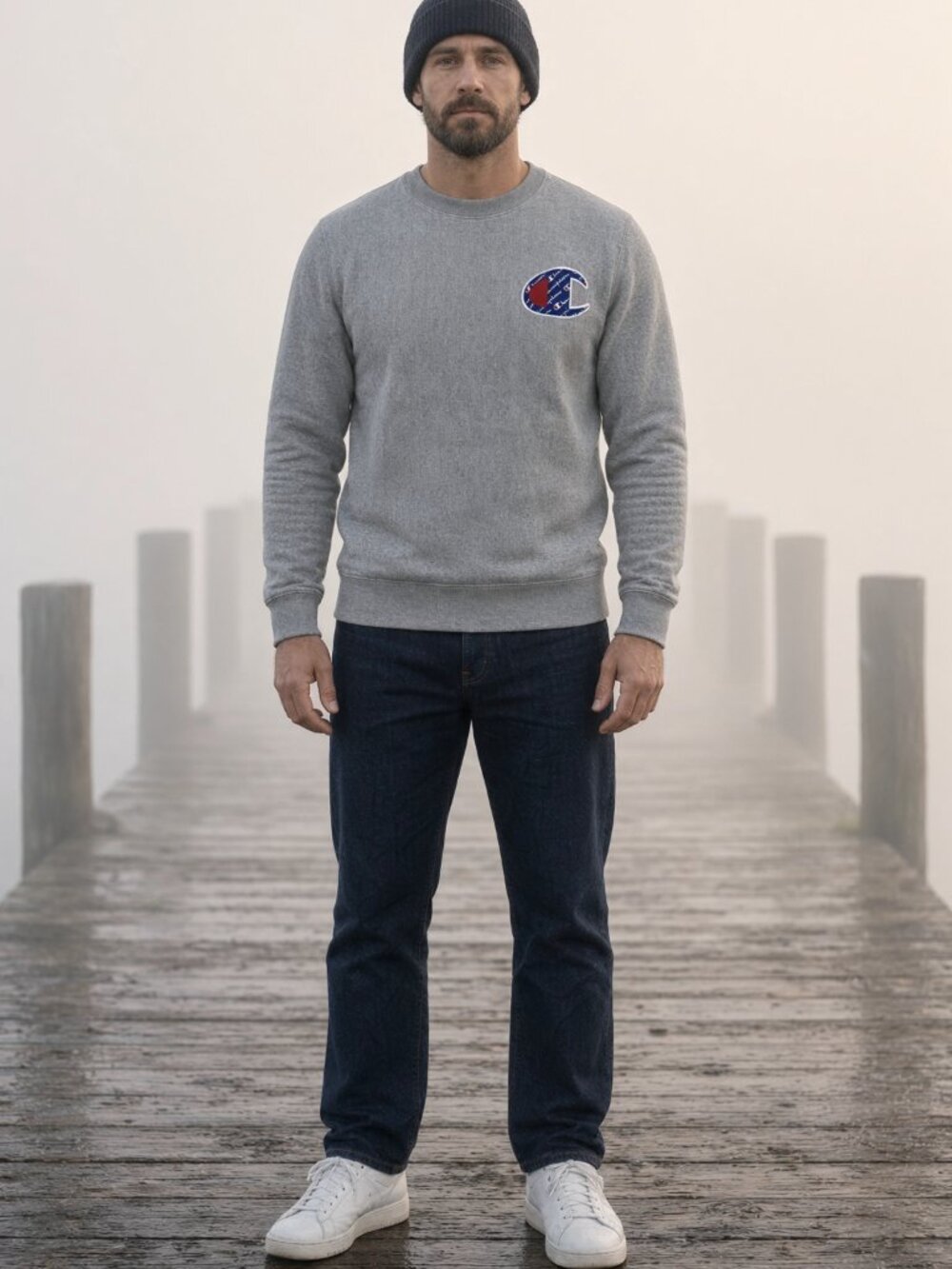 Champion Men Grey Long Sleeve Crewneck Logo Pullover Sweat Casual US XS15
